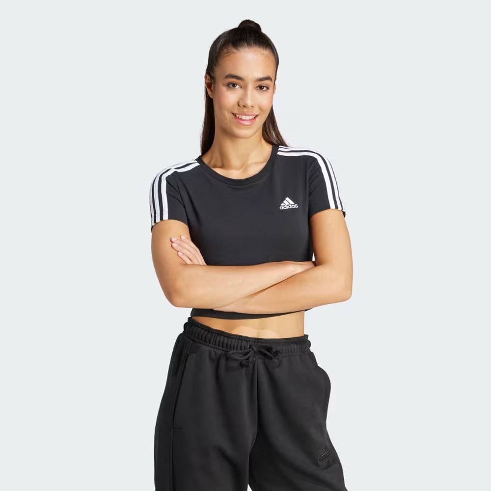 ADIDAS Essentials 3-Stripes Baby Tee Γυναικείο Cropped T-Shirt - Μαύρο
