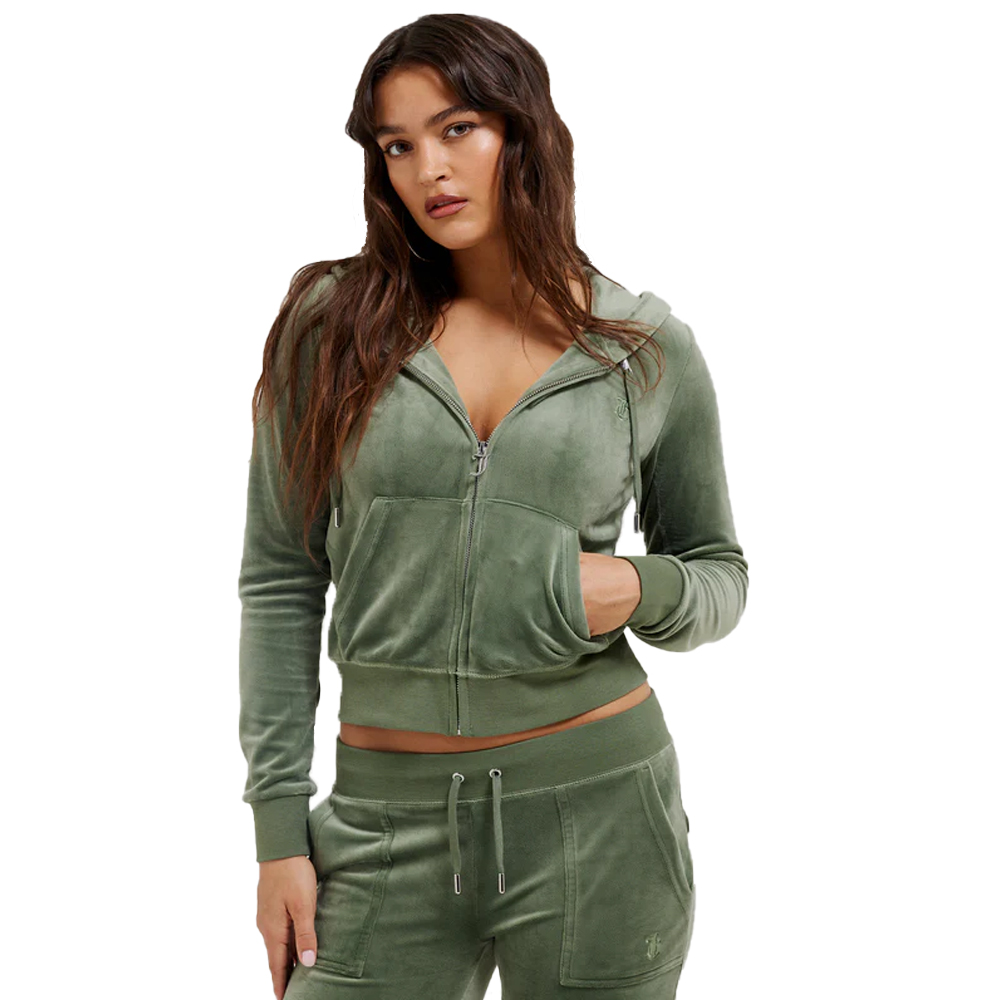 JUICY COUTURE Thyme Classic Velour Roberston Zip Through Hoodie Γυναικεία Βελούδινη Ζακέτα - Χακί