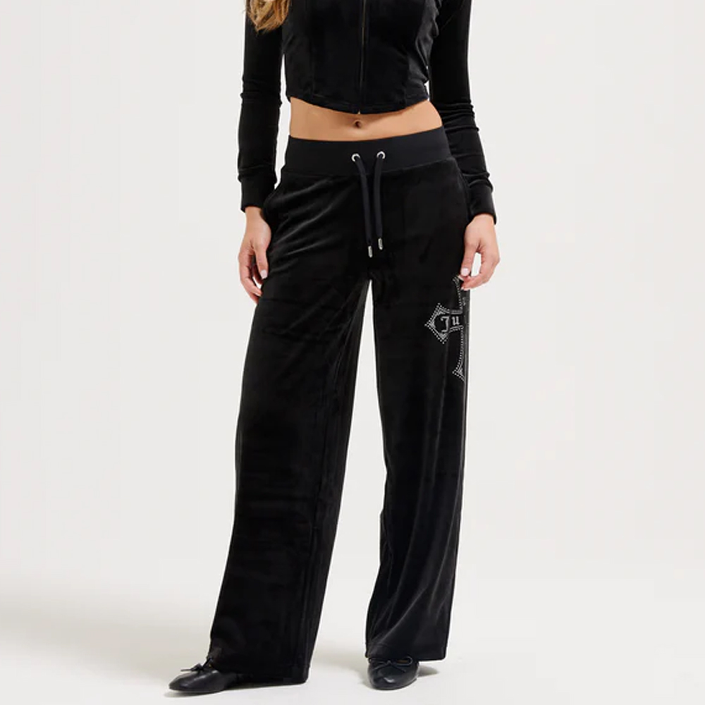 JUICY COUTURE Jerry Juicy Diamante Cross Velour Trackpant Γυναικείο Παντελόνι Φόρμας - Μαύρο