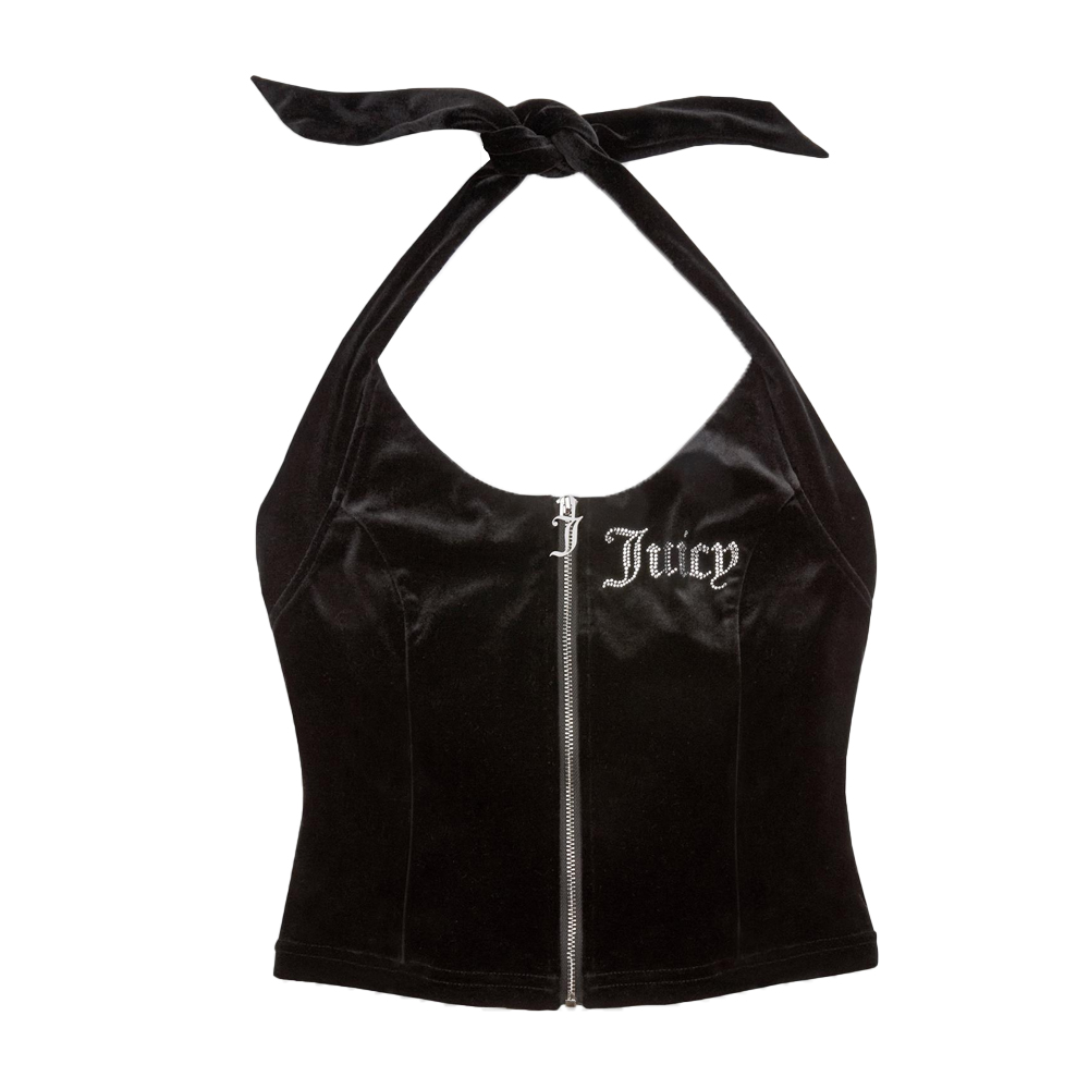 JUICY COUTURE Classic Velour Diane Zip Up Halter Neck Top Γυναικείο ΒελούδινοΤοπ - Μαύρο