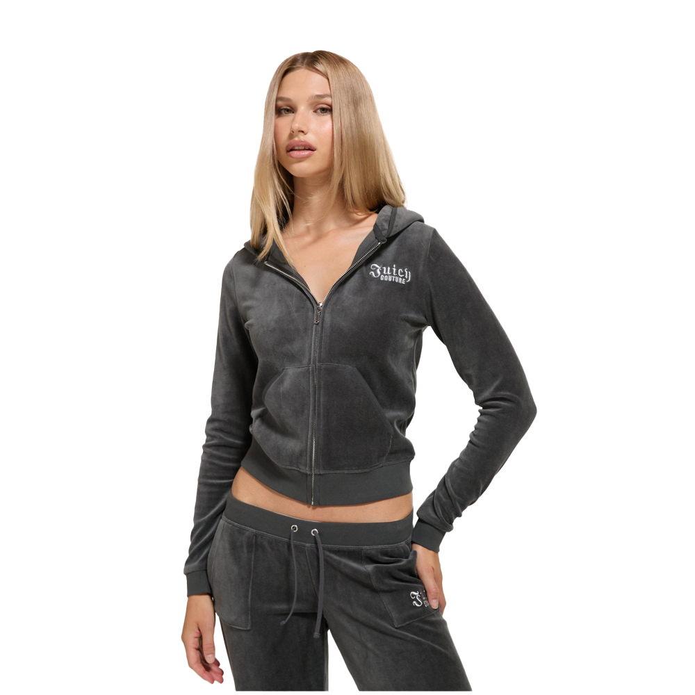 JUICY COUTURE Cotton Velour Fitted Longline Hoodie Γυναικεία Βελούδινη Ζακέτα με κουκούλα - Γκρι