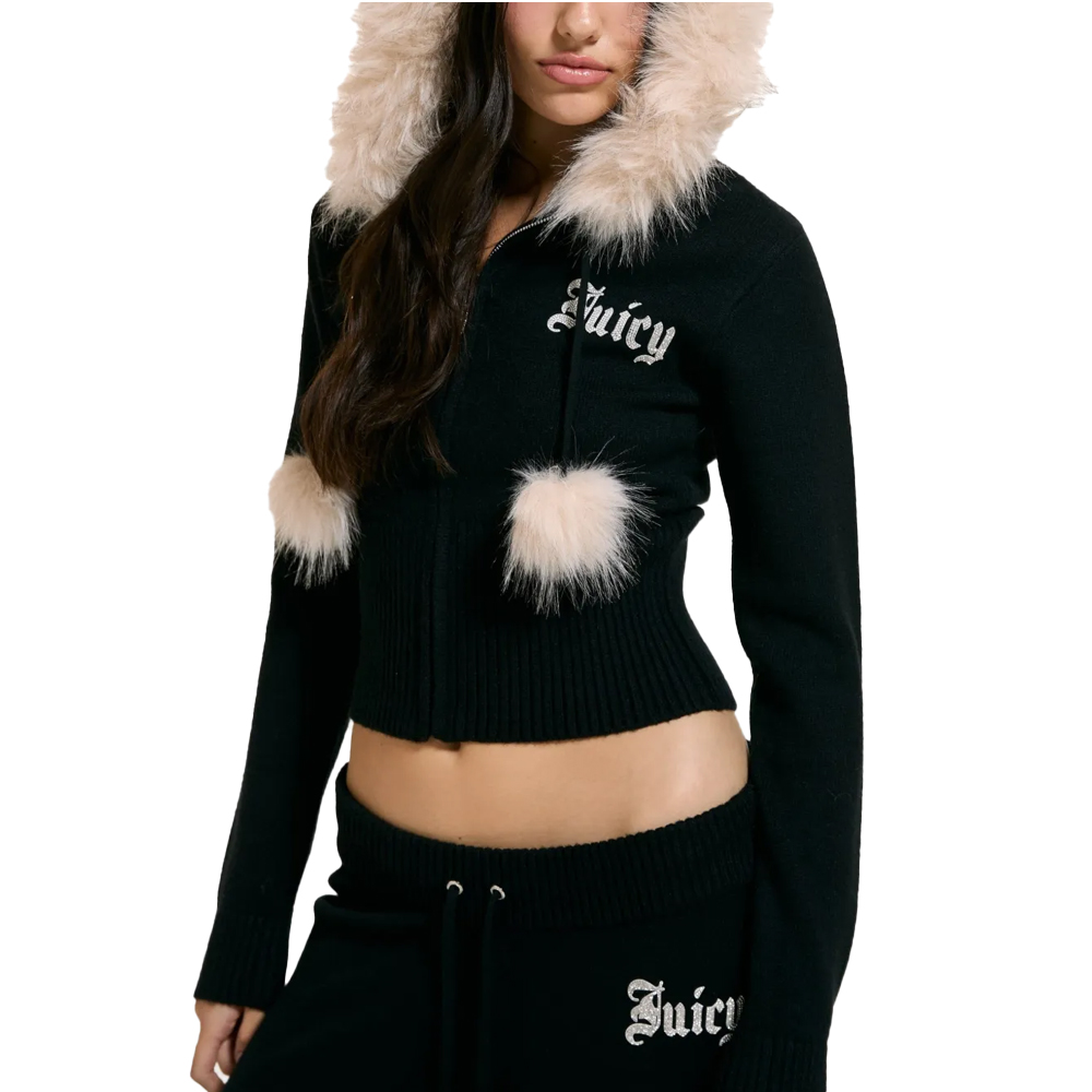 JUICY COUTURE Knit Fitted Hoodie With Fur Trim Detail  Γυναικεία Πλεκτή Ζακέτα με κουκούλα  - Μαύρο