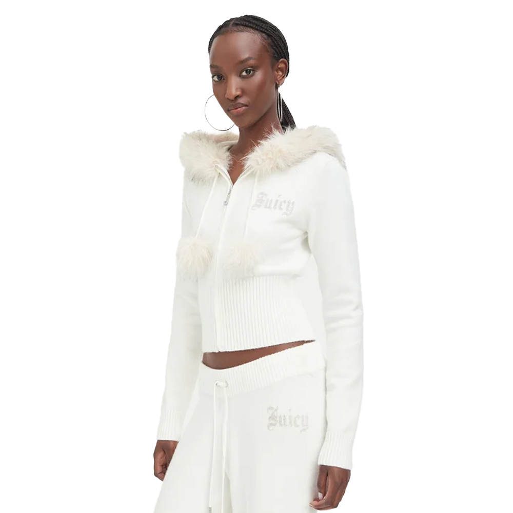 JUICY COUTURE Knit Fitted Hoodie With Fur Trim Detail  Γυναικεία Πλεκτή Ζακέτα με κουκούλα  - Κρεμ
