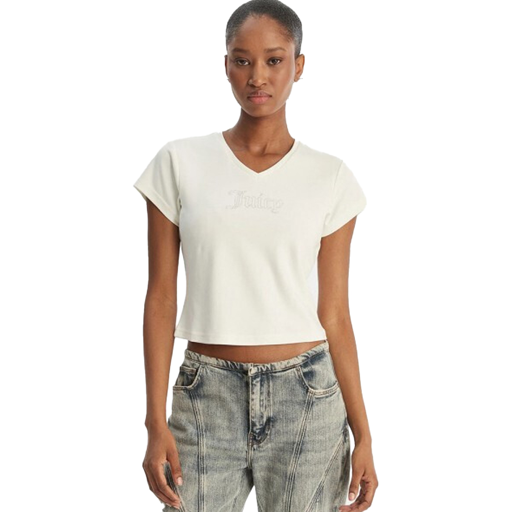 JUICY COUTURE Capped Sleeve V Neck T-Shirt Γυναικείο T-Shirt - Κρεμ