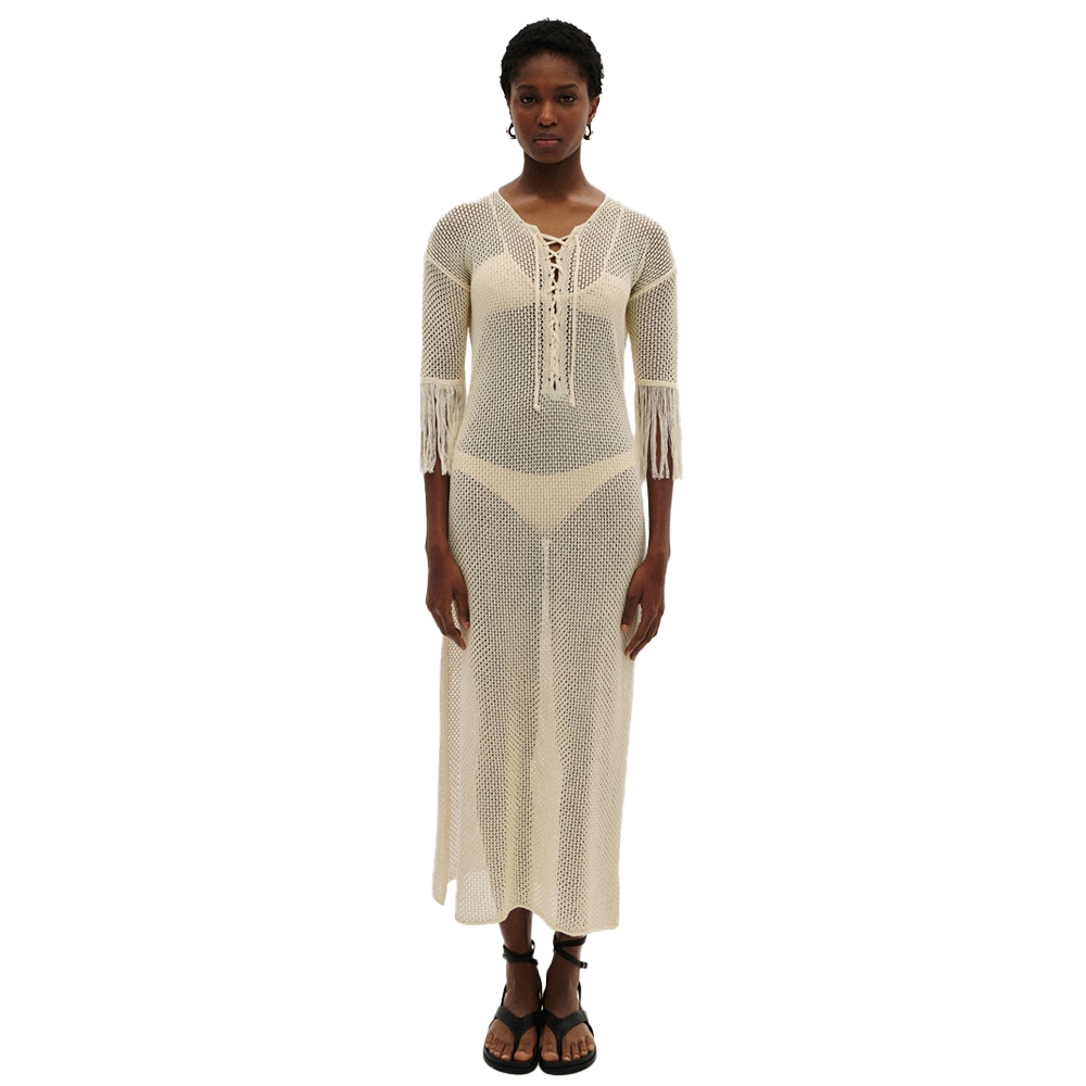 COMBOS KNITWEAR Γυναικείο Φόρεμα Μάξι Με Κρόσσια Στα Μανίκια  - Κρεμ