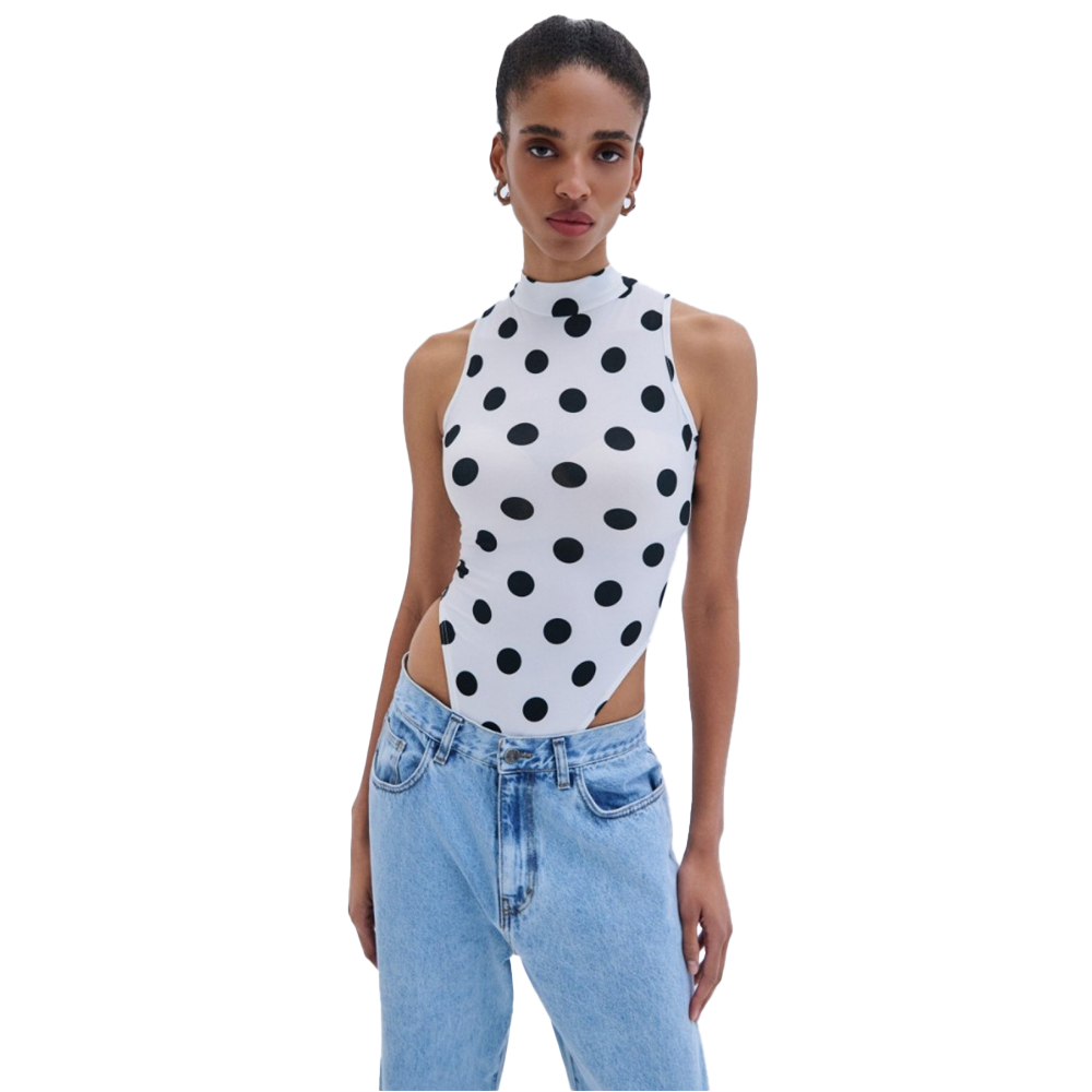 COMBOS KNITWEAR Bodysuit Polka Dots Γυναικείο Κορμάκι - Λευκό-Μαύρο