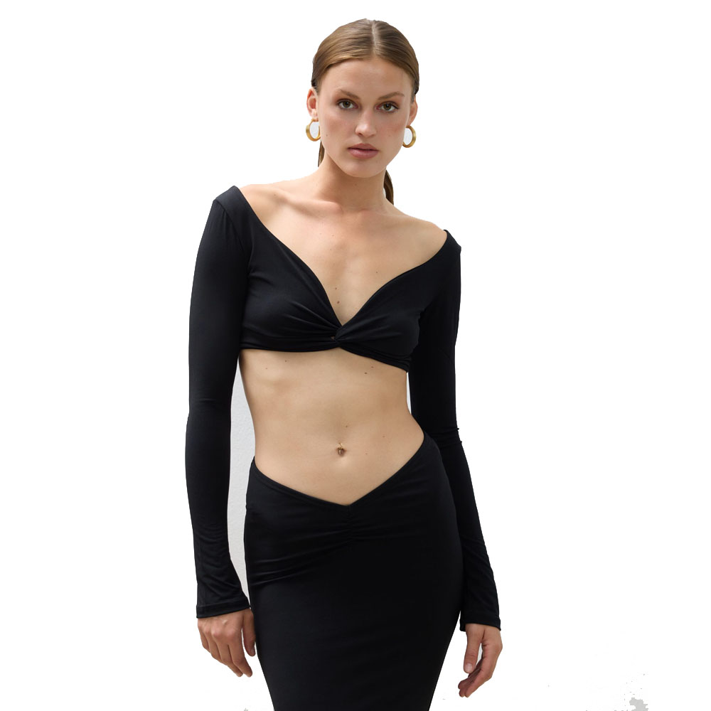 COMBOS KNITWEAR Crop Top Long Sleeve Γυναικείο Crop Τοπ - Μαύρο