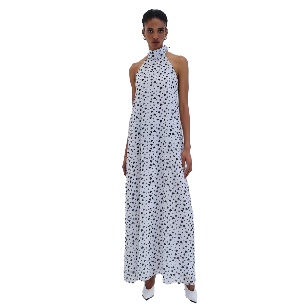 COMBOS KNITWEAR Dress Maxi Hearts Γυναικείο Φόρεμα Μάξι - Λευκό-Μαύρο