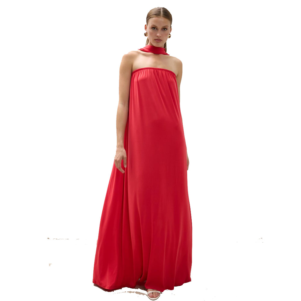 COMBOS KNITWEAR Dress Maxi Strapless Scarf  Γυναικείο Φόρεμα Μάξι - Κόκκινο