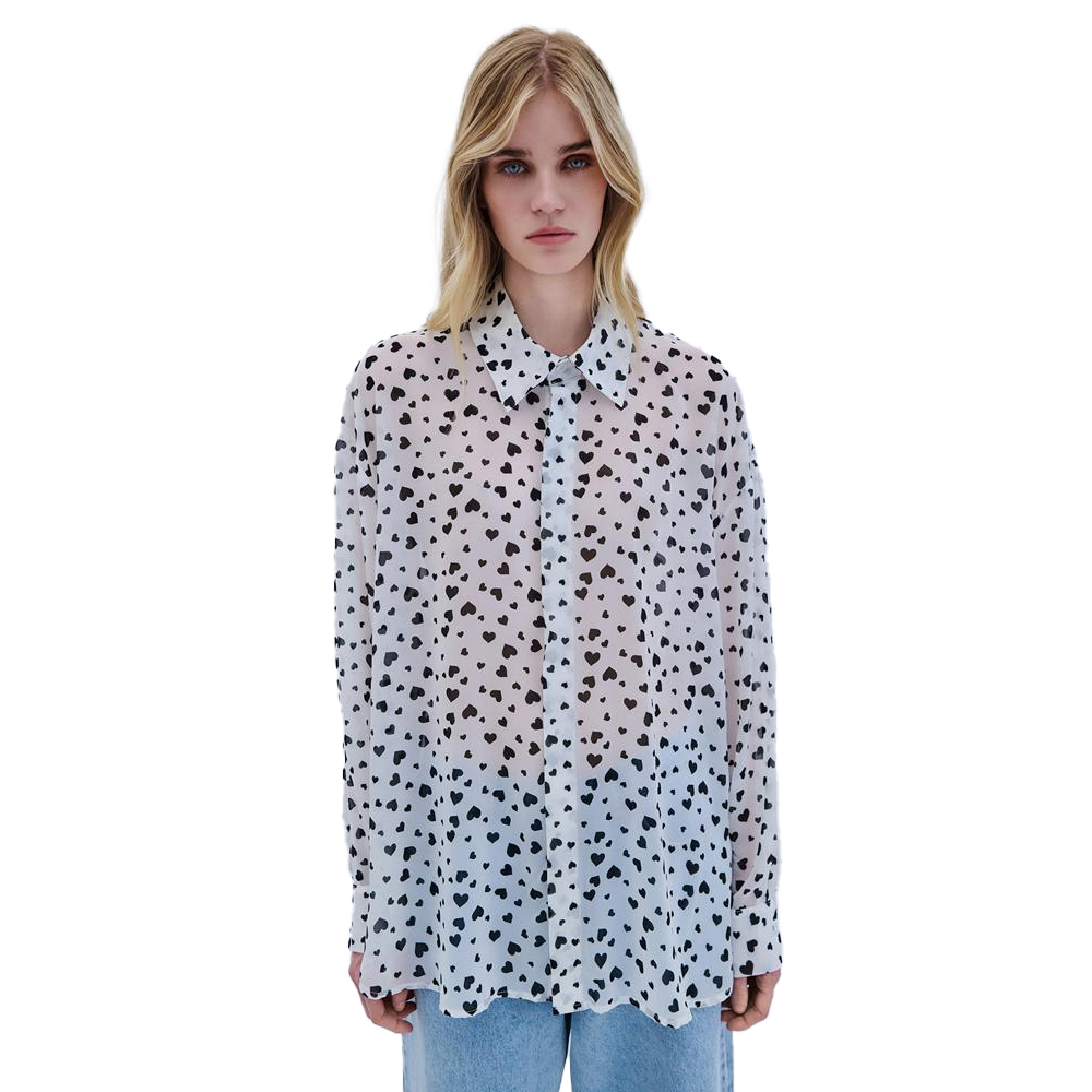 COMBOS KNITWEAR Shirt Hearts Γυναικείο Πουκάμισο - Λευκό-Μαύρο