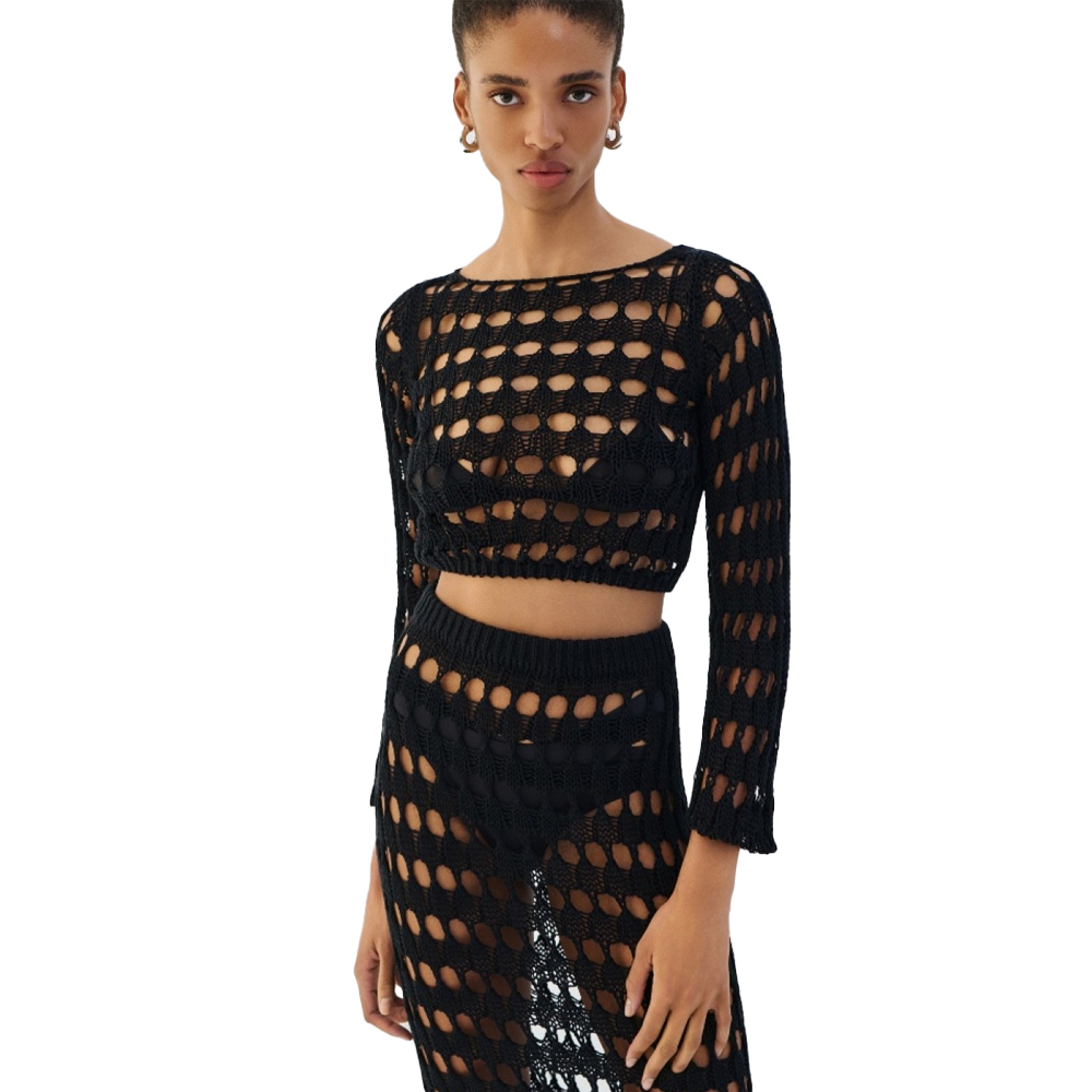 COMBOS KNITWEAR Blouse Crop Net Γυναικείο Πλεκτό Τοπ - Μαύρο