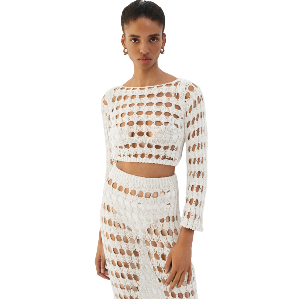 COMBOS KNITWEAR Blouse Crop Net Γυναικείο Πλεκτό Τοπ - Λευκό