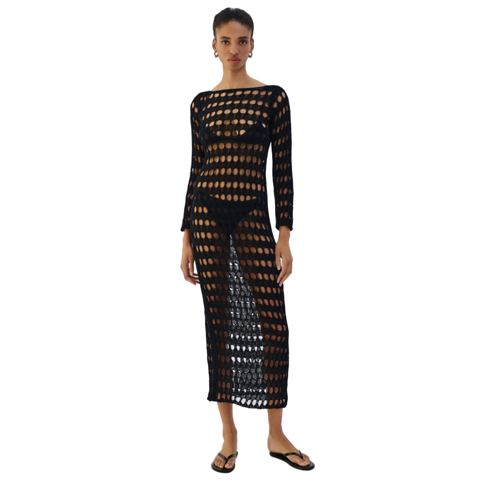 COMBOS KNITWEAR Dress Maxi Open Back Net Γυναικείο Φόρεμα Μάξι Διχτυωτό - Μαύρο