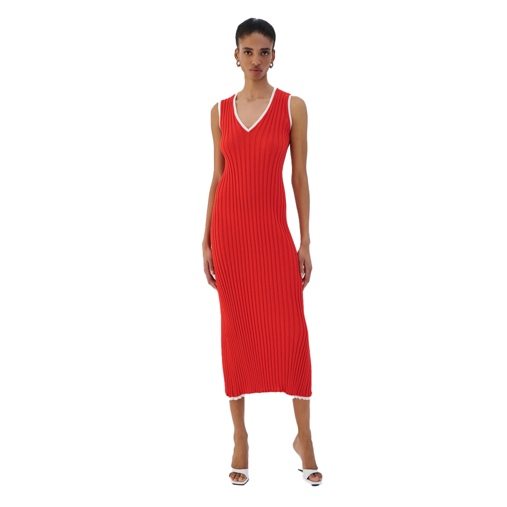 COMBOS KNITWEAR Dress Maxi V Stripe Γυναικείο Φόρεμα Μάξι - Κόκκινο