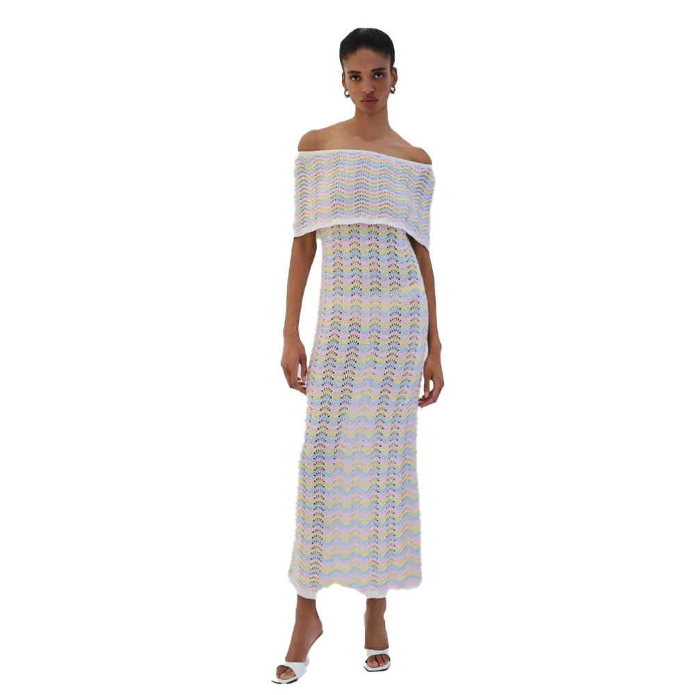 COMBOS KNITWEAR Dress Maxi Strapless Tricolor Γυναικείο Φόρεμα Μάξι Πλεκτό - Λευκό