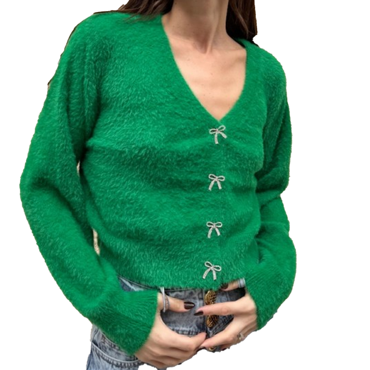 MILKWHITE Cardigan With Crystal Buttons Γυναικεία Ζακέτα  - Πράσινο