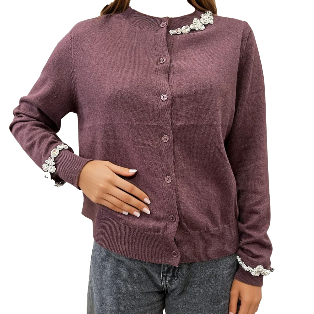 MILKWHITE Cardigan With Rhinestones Γυναικεία Ζακέτα Με Κρύσταλλα - Καφέ