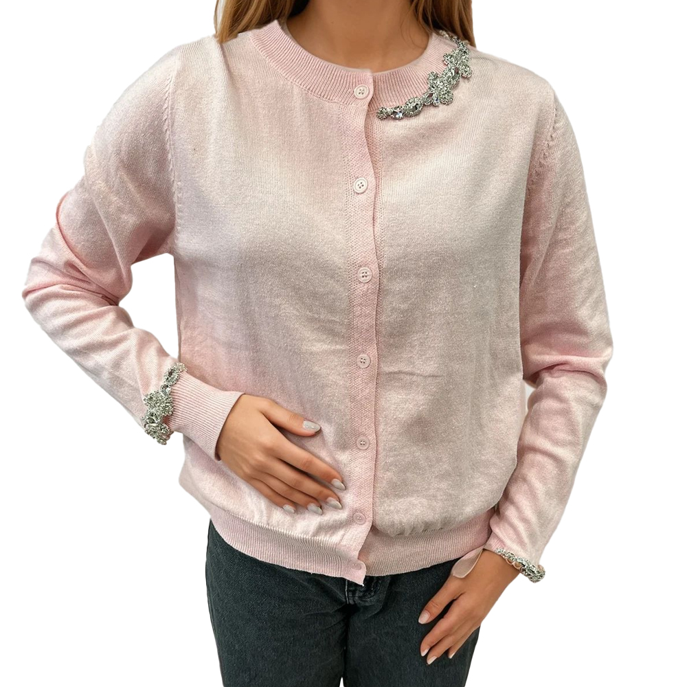 MILKWHITE Cardigan With Rhinestones Γυναικεία Ζακέτα Με Κρύσταλλα - Ροζ