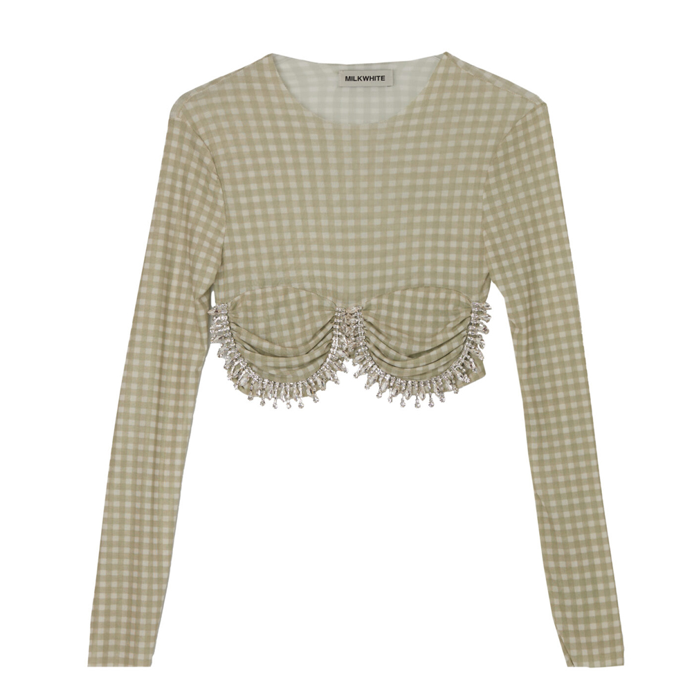 MILKWHITE Top With Crystals Γυναικείο Crop Top με κρύσταλλα - Πράσινο