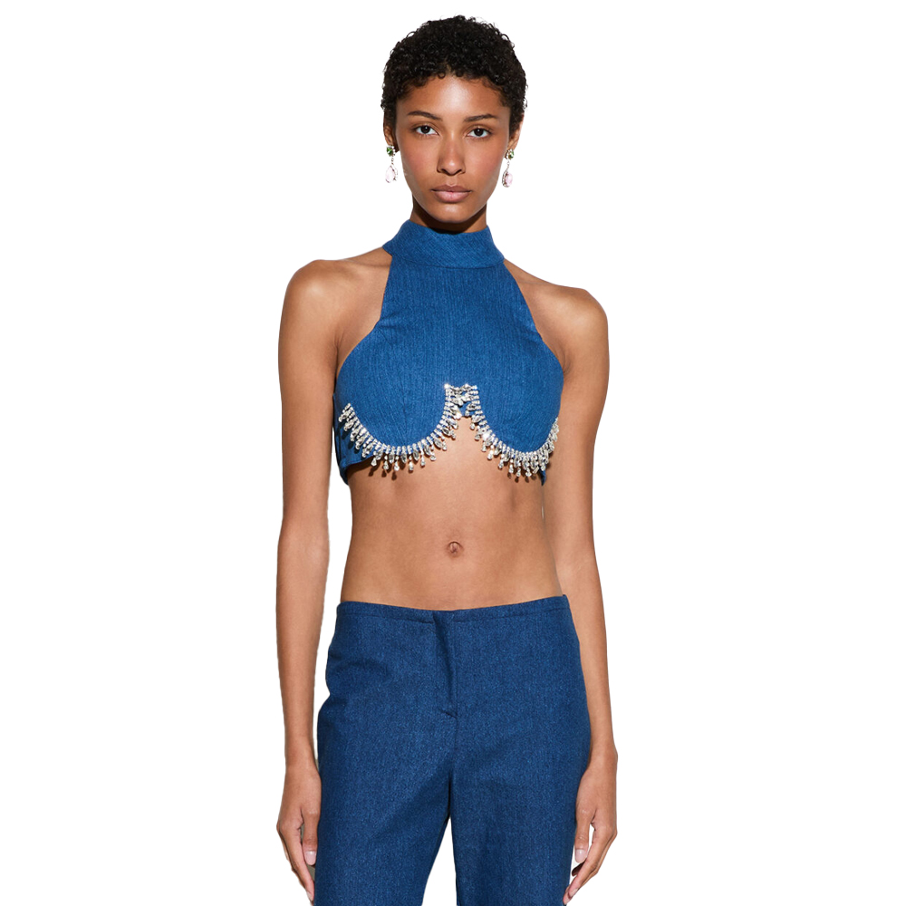 MILKWHITE Crystal Crop Top Γυναικείο Πουκάμισο Με Κρύσταλλα - Μπλε