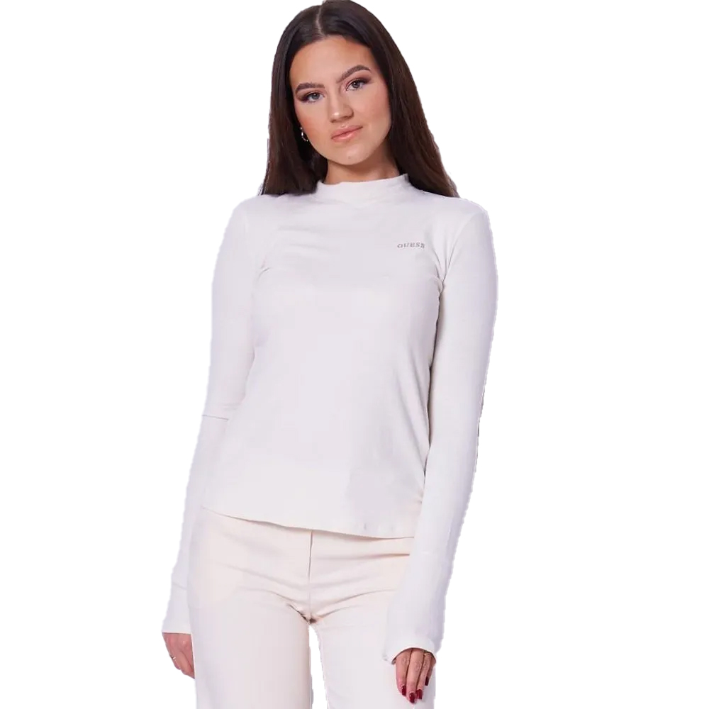 GUESS Midge LongSleeve High Neck Tee Γυναικεία Μακρυμάνικη Μπλούζα - Κρεμ