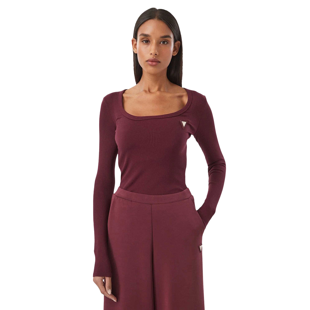 GUESS Colette Rib Top Γυναικεία Μπλούζα Μακρυμάνικη - Μπορντώ