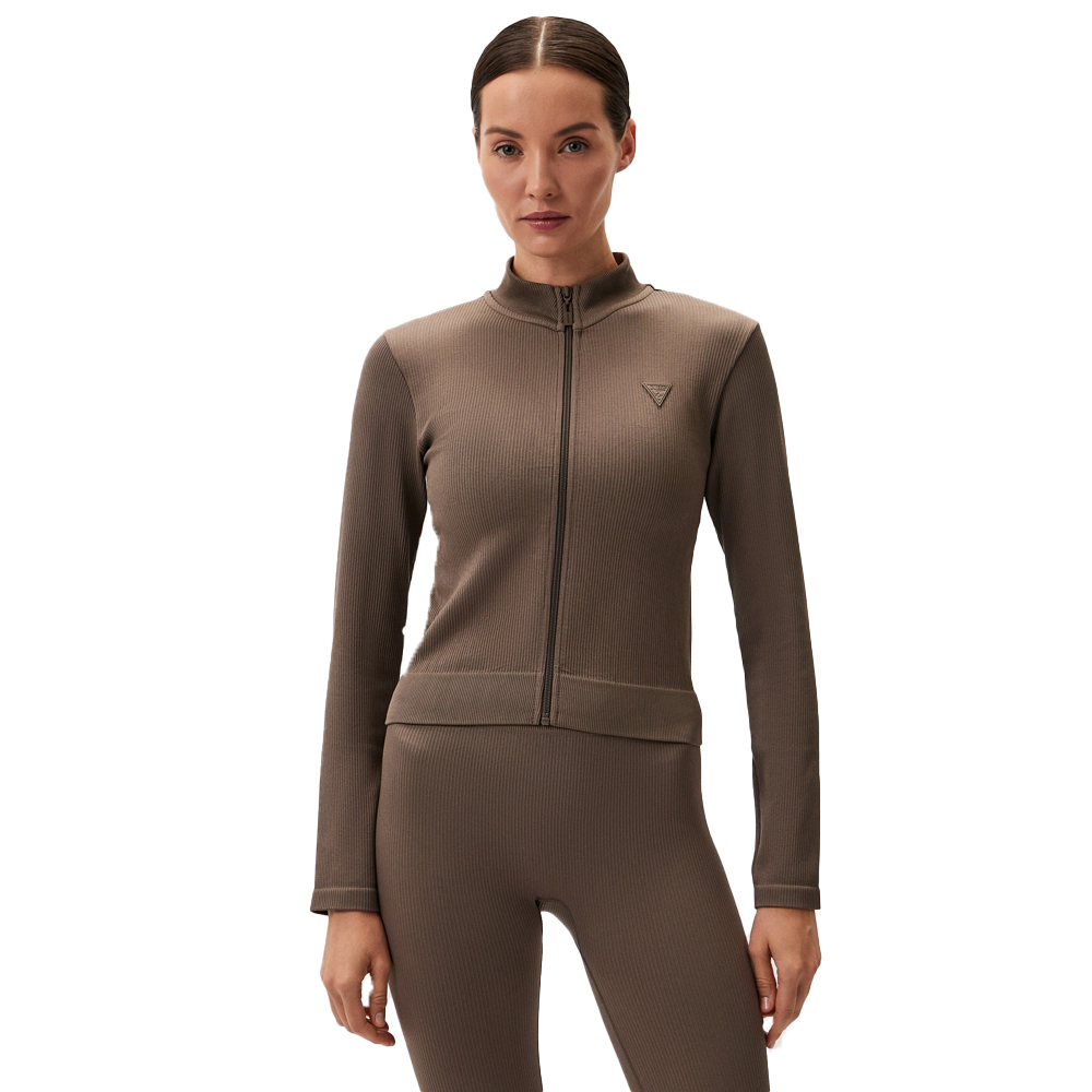 GUESS Sara Rib-Seamless Long Sleeve Zip Crop Γυναικεία Ζακέτα - Καφέ