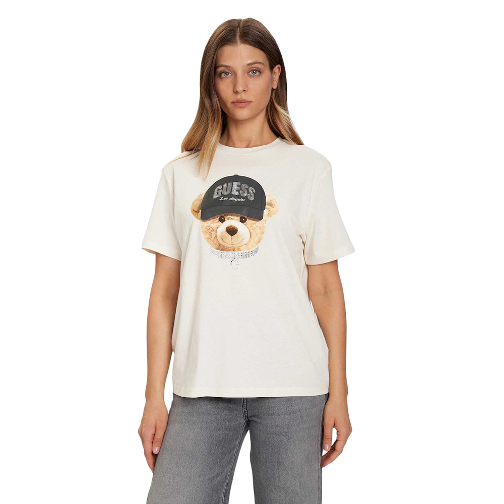 GUESS Teddy Bear Hat ShortSleeve T-Shirt Γυναικείο T-Shirt - Κρεμ