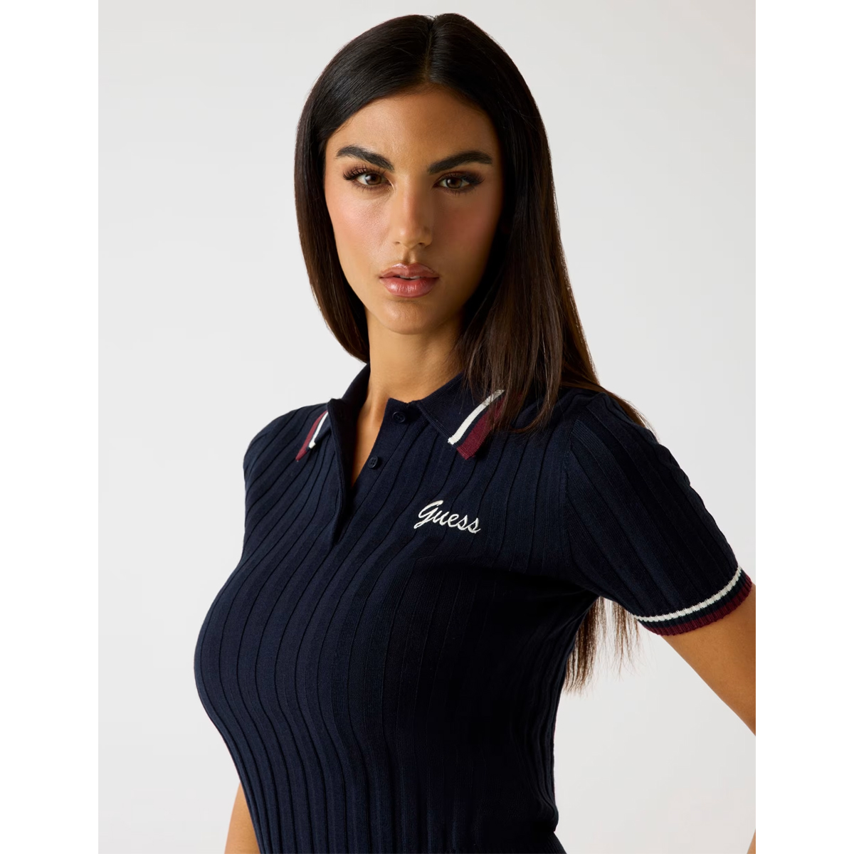 GUESS Sabina Ribbed Polo Sweatshirt Γυναικείο Κοντομάνικο Πουλόβερ Πόλο - 4