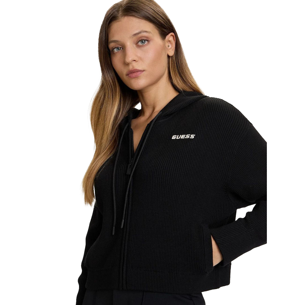 GUESS Flaminia Ribbed Hoodie Zipped Γυναικεία Πλεκτή Ζακέτα με κουκούλα - Μαύρο