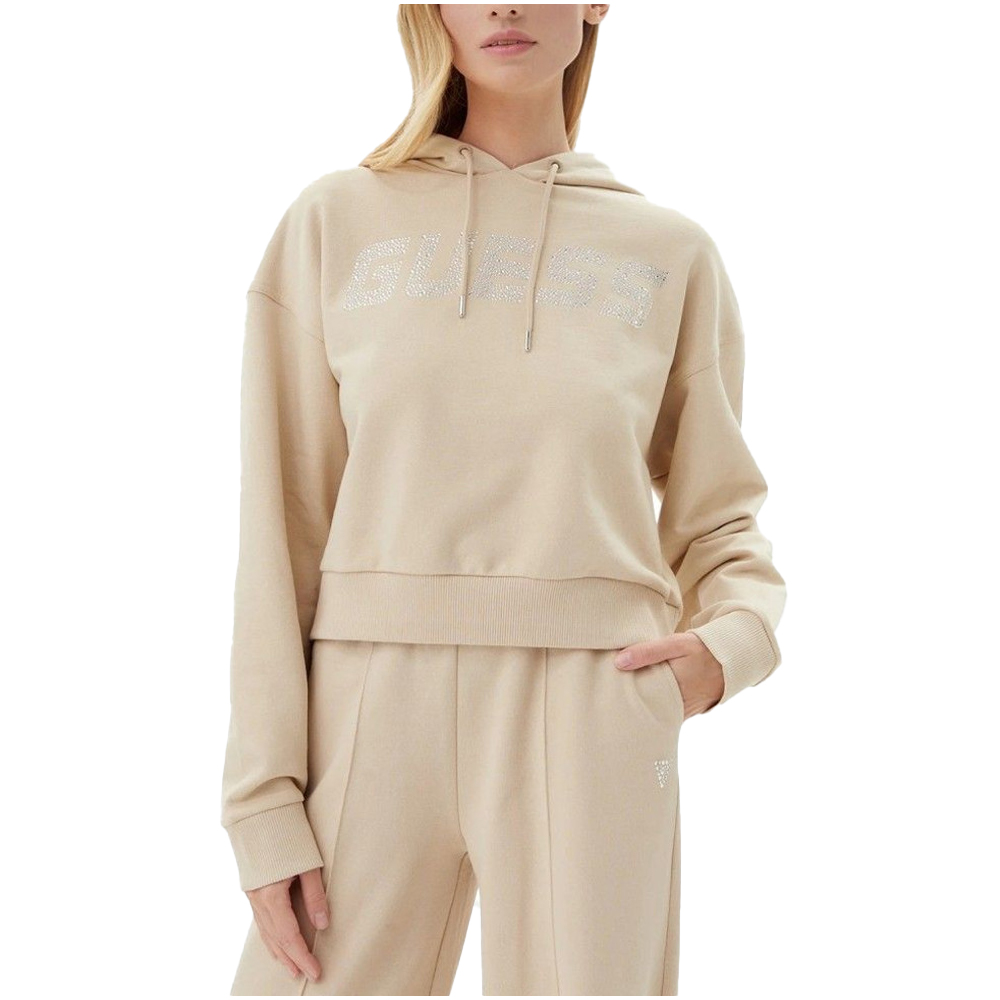 GUESS Primula Rhinestones Hoodie Sweatshirt Γυναικείο Φούτερ Με Κουκούλα - Μπεζ