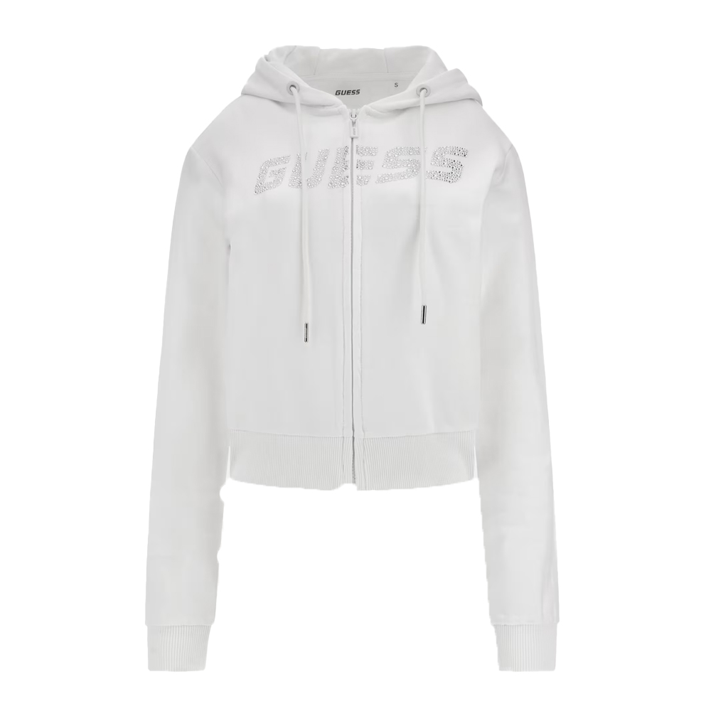 GUESS Primula Rhinestones Full Zip Sweatshirt Γυναικεία Ζακέτα Με Κουκούλα - Λευκό