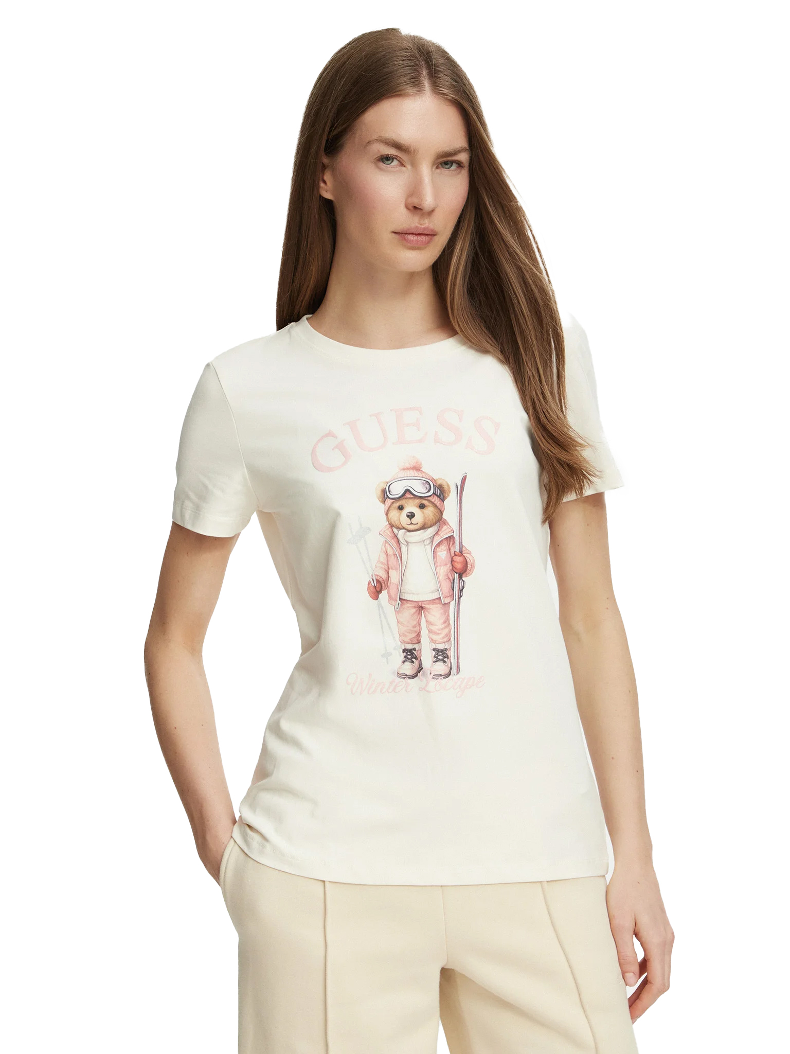 GUESS Fabrizia Skiing Bear  ShortSleeve T-Shirt Γυναικείο T-Shirt - Κρεμ