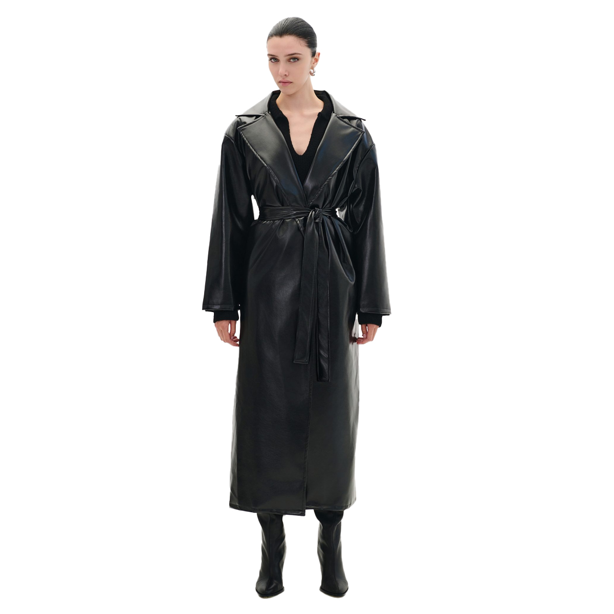 COMBOS KNITWEAR Trench Coat Vinyl  Γυναικεία Καμπαρντίνα  - Μαύρο