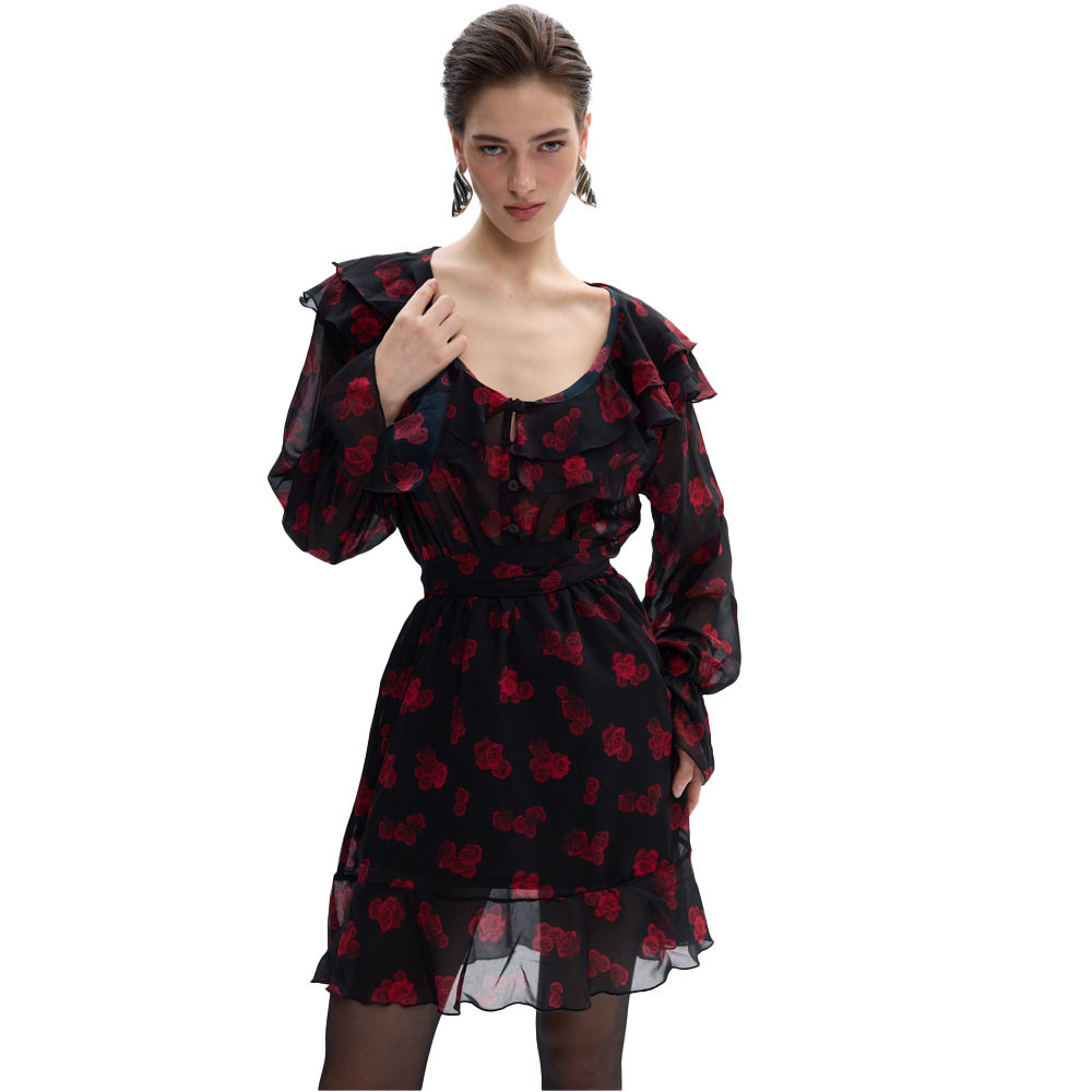 COMBOS KNITWEAR Red Bloom Dress Γυναικείο Φόρεμα Μίνι - Μαύρο