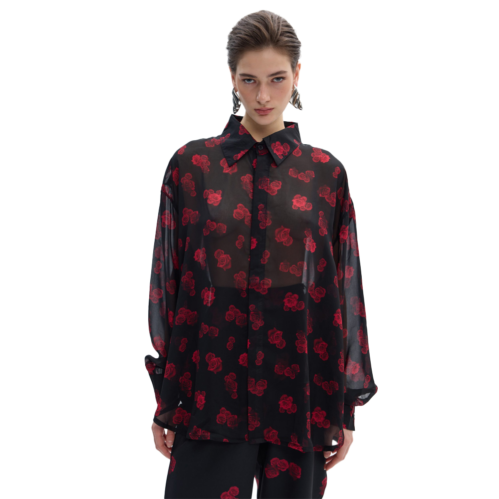 COMBOS KNITWEAR Red Bloom Shirt Γυναικείο Πουκάμισο - Μαύρο