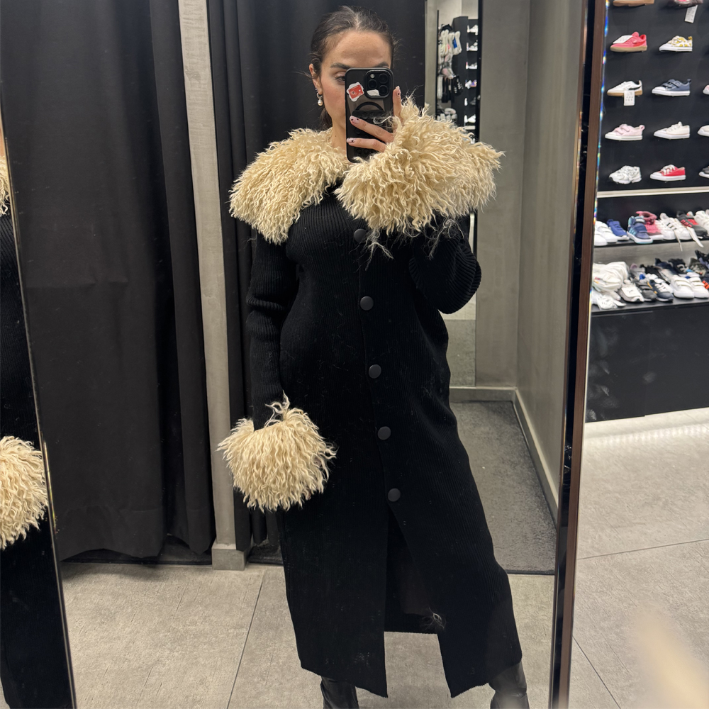 COMBOS KNITWEAR Cardigan With Faux Fur Γυναικεία Μακριά Ζακέτα - Μαύρο