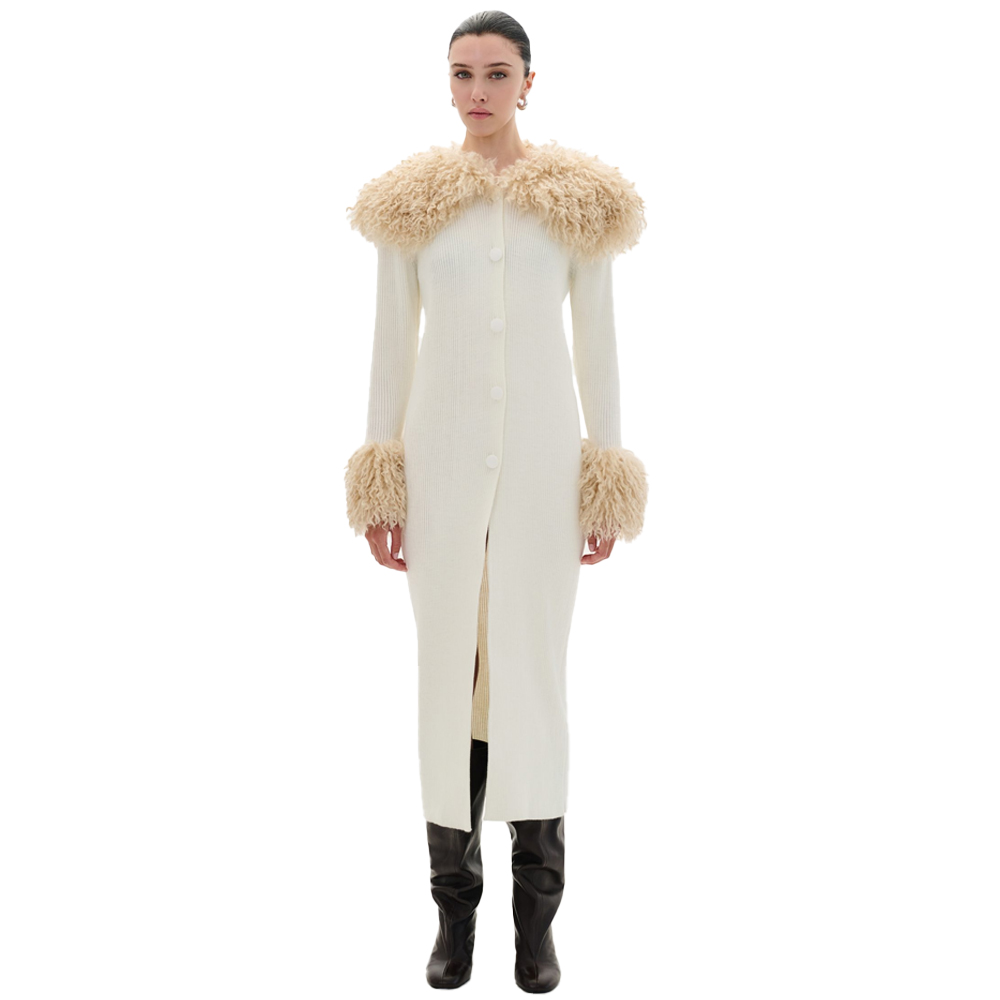 COMBOS KNITWEAR Cardigan With Faux Fur Γυναικεία Μακριά  Ζακέτα - Κρεμ