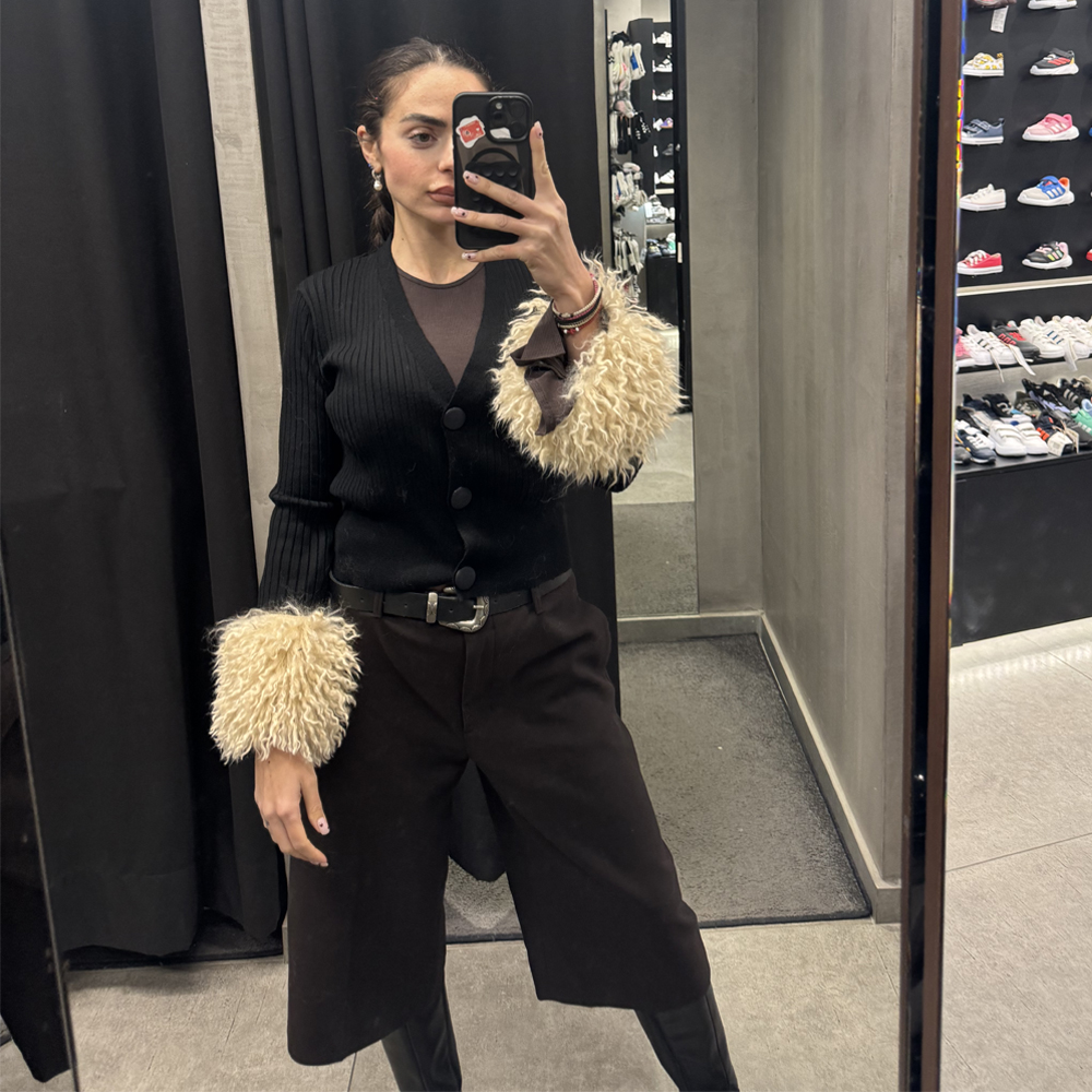 COMBOS KNITWEAR Cardigan V With Faux Fur Γυναικεία Ζακέτα - Μαύρο