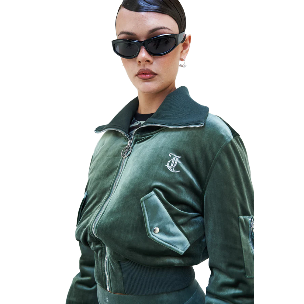 JUICY COUTURE Classic Velour Bomber Rydell Coat With Deeprib Collar Γυναικείο Βελούδινο Μπουφάν Bomber - Πράσινο