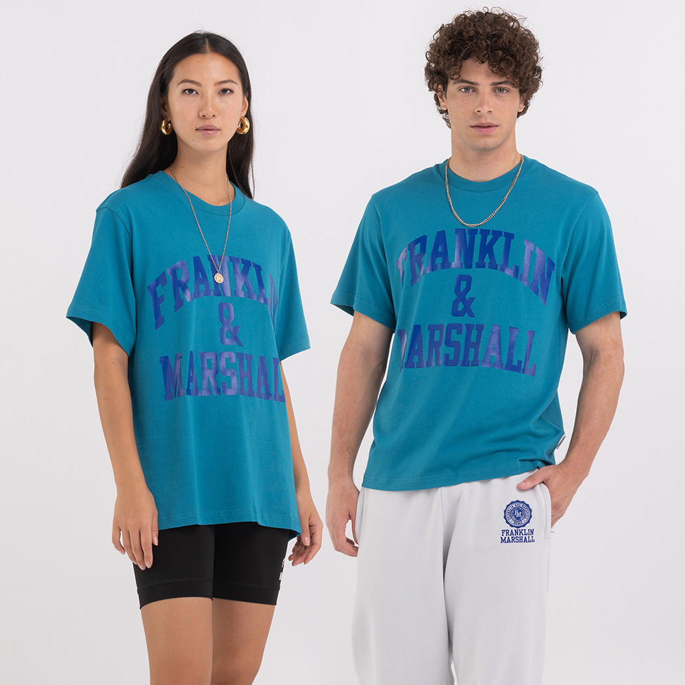FRANKLIN & MARSHALL Agender jersey t-shirt with arch letter print Unisex T-Shirt - Μπλε