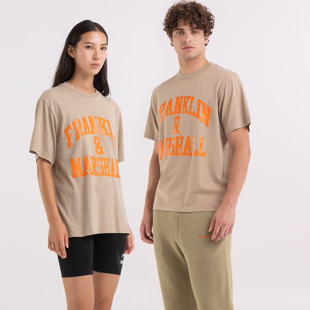 FRANKLIN & MARSHALL Agender jersey t-shirt with arch letter print Unisex T-Shirt - Μπεζ