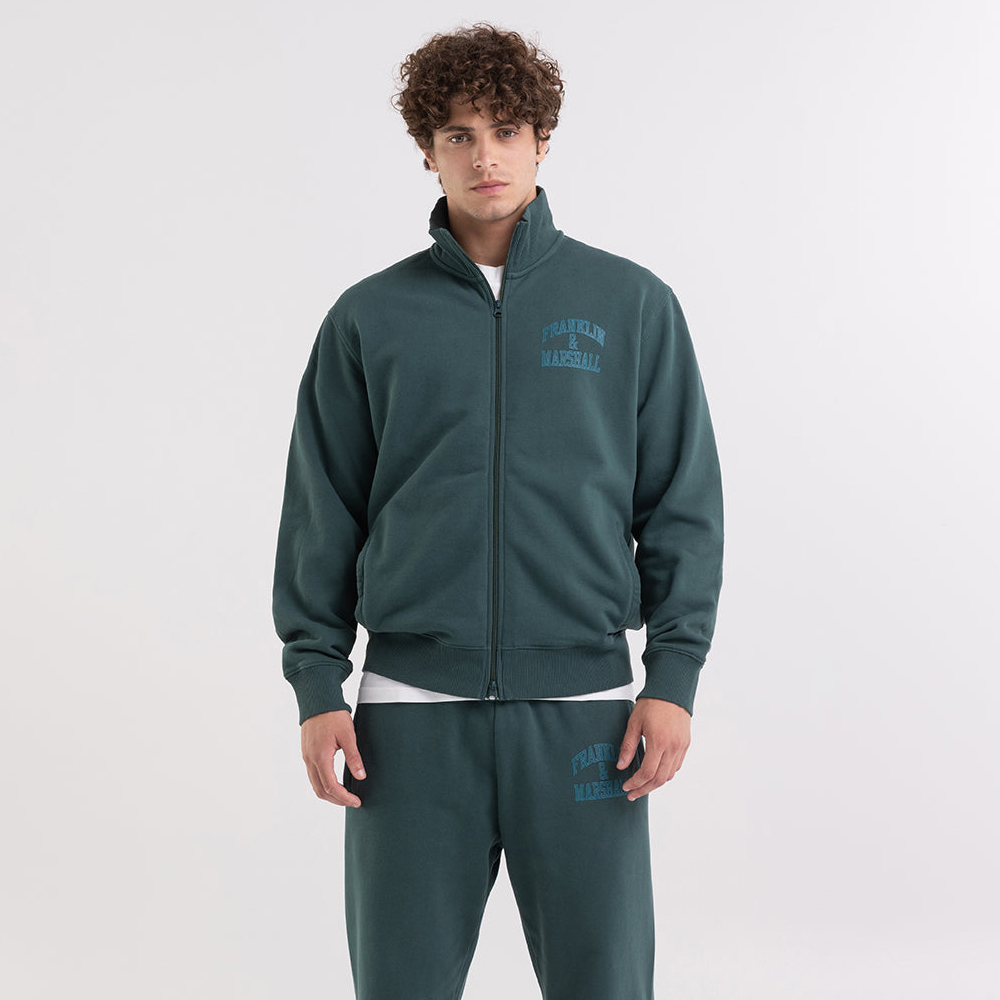FRANKLIN & MARSHALL High neck sweatshirt with zipper and arch letter logo print - Πράσινο
