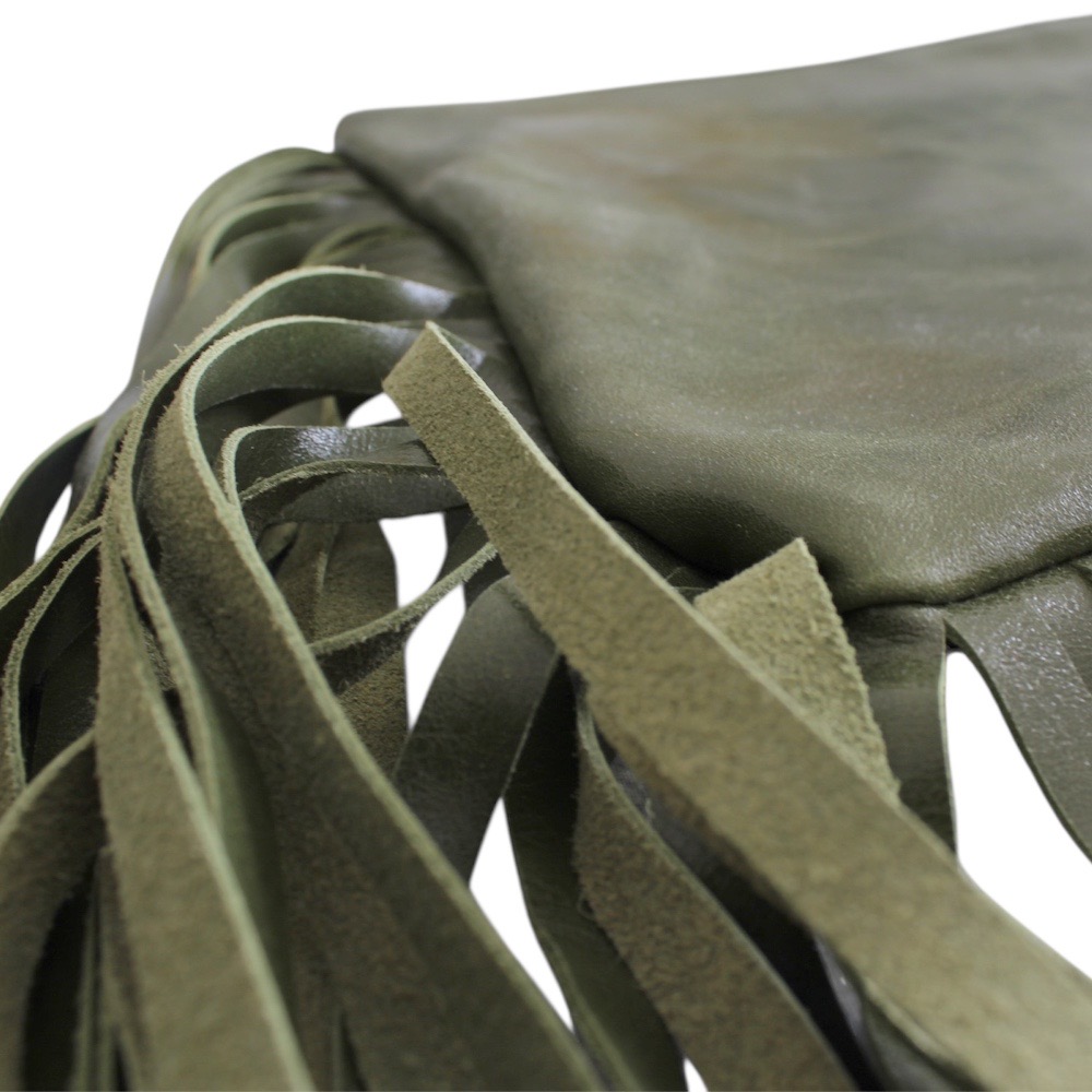 Handmade leather clutch in green color with long fringes - 3