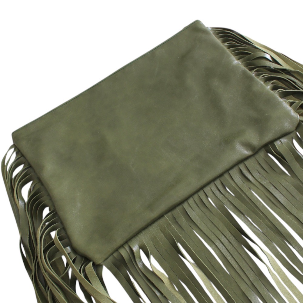 Handmade leather clutch in green color with long fringes - Green