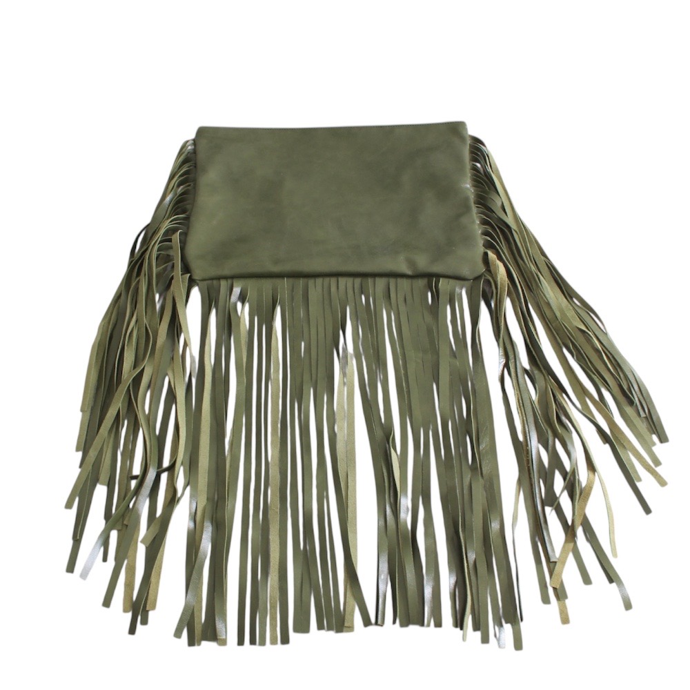 Handmade leather clutch in green color with long fringes - 5