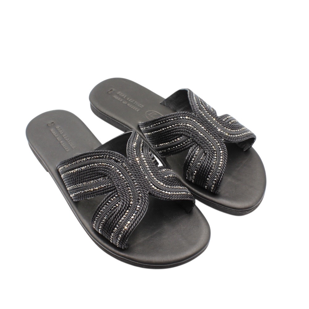 Black leather sandals with a soft sole and a shiny design - Black