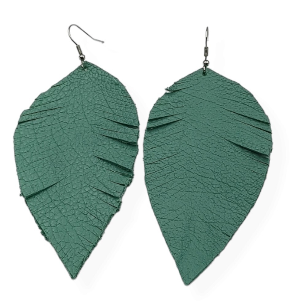 Leather earrings in leaf shape, in a light green color - 2