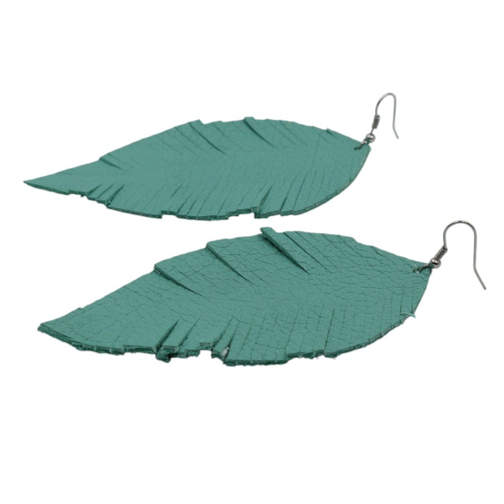Leather earrings in leaf shape, in a light green color - 3