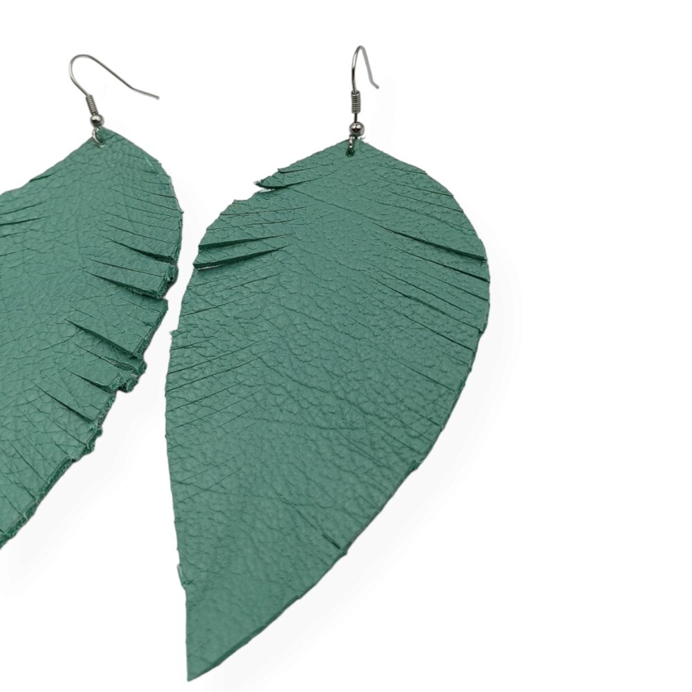 Leather earrings in leaf shape, in a light green color - 5
